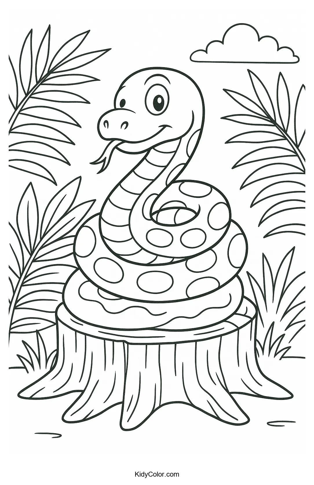 Coloring page of a snake coiled on a tree stump