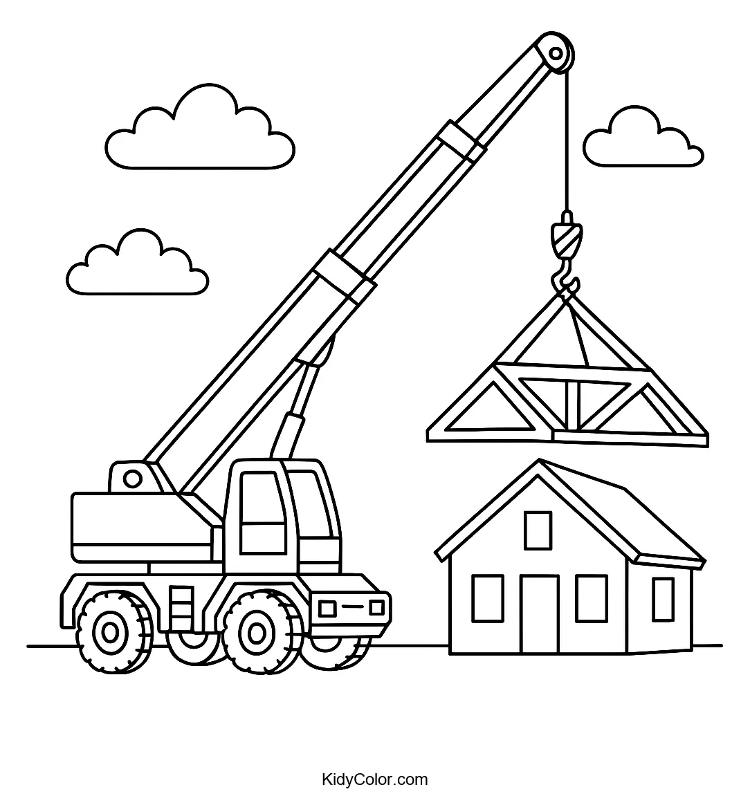 Crane lifting a roof truss coloring page