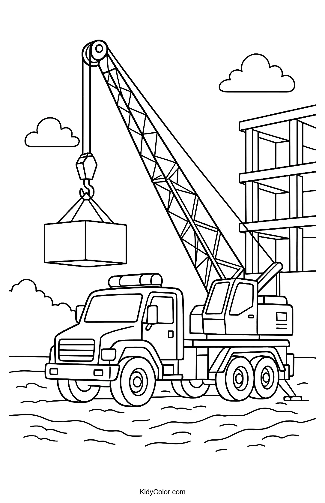 Coloring page of a construction crane at work