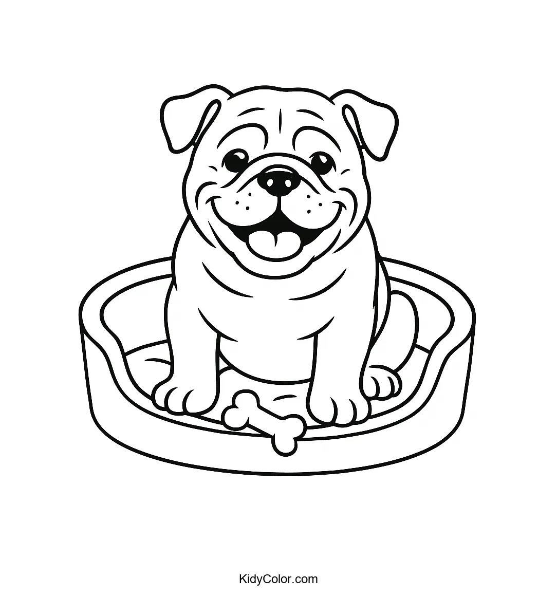 Bulldog lying in a round bed