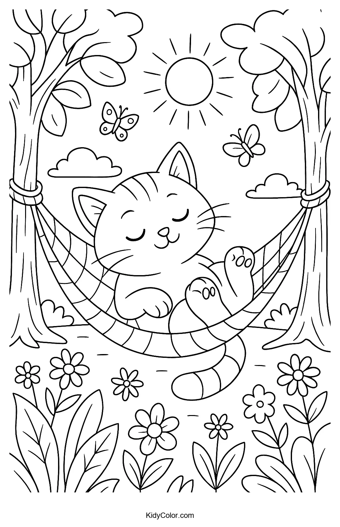 Cat lounging in a hammock coloring page