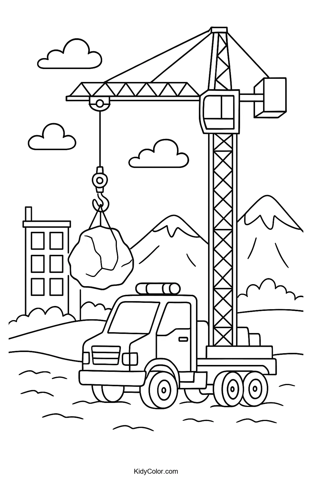 Crane lifting boulder at construction site coloring page