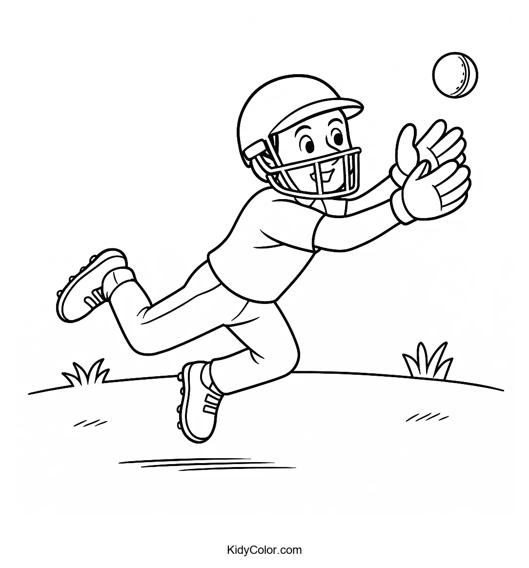 A cricket player making a mid-air catch
