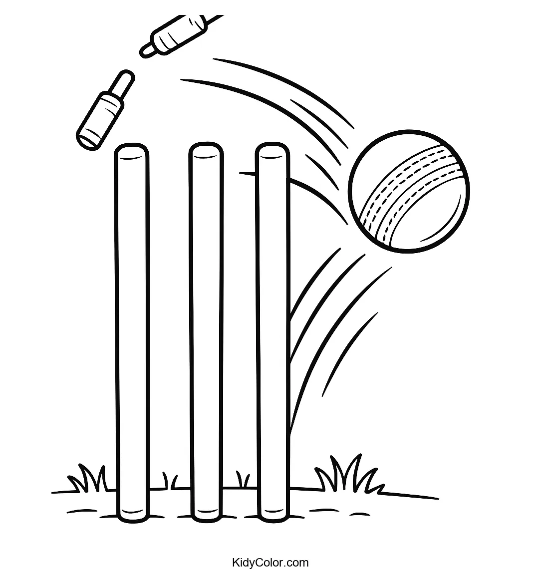 Cricket stumps in motion coloring page