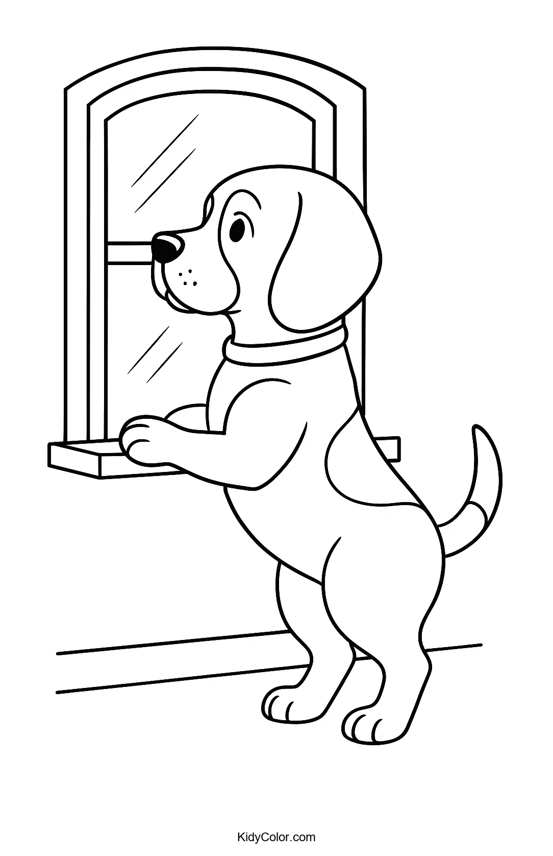 Beagle looking out a window coloring page