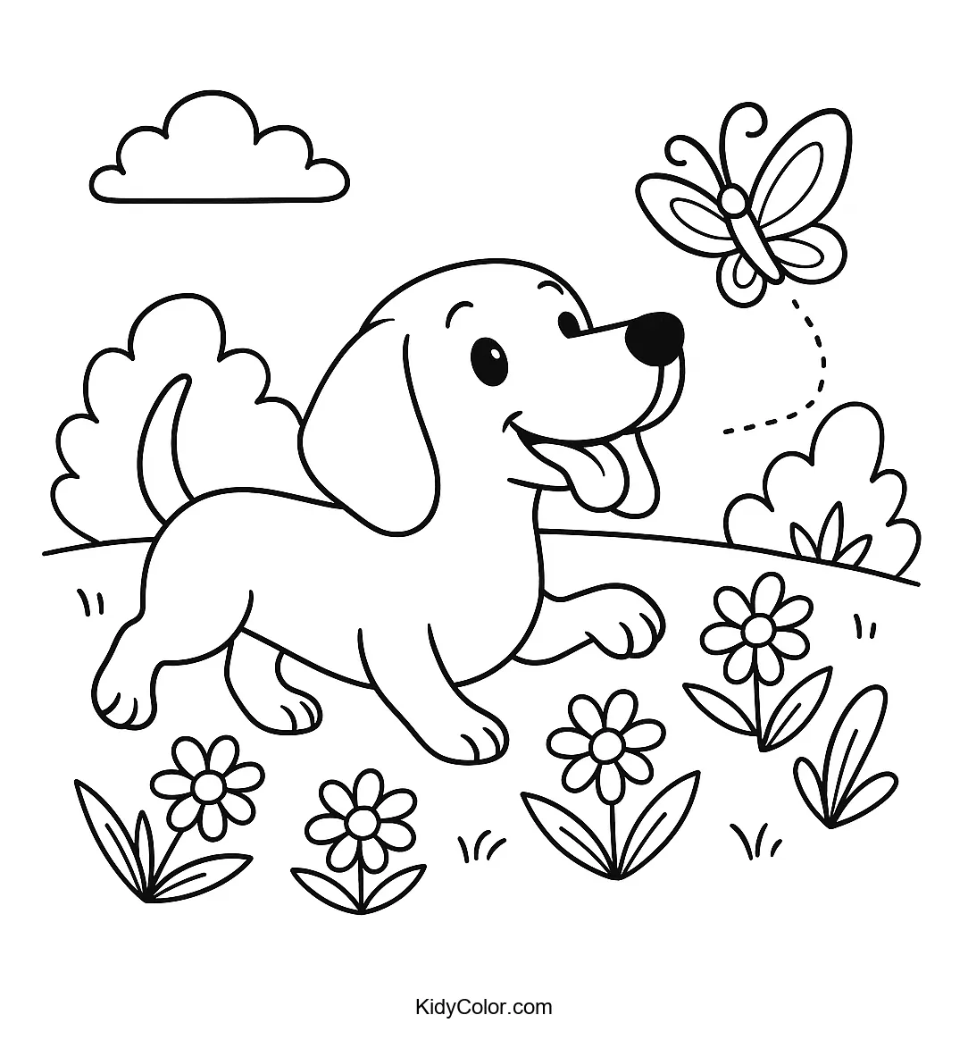 Dachshund chasing a butterfly in a garden