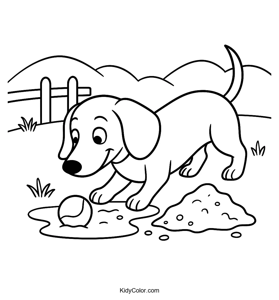 Dachshund digging by a fence coloring page