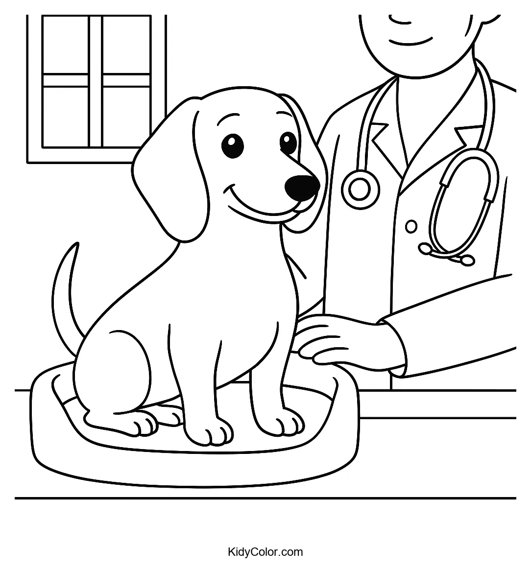 Dachshund at the vet clinic coloring page