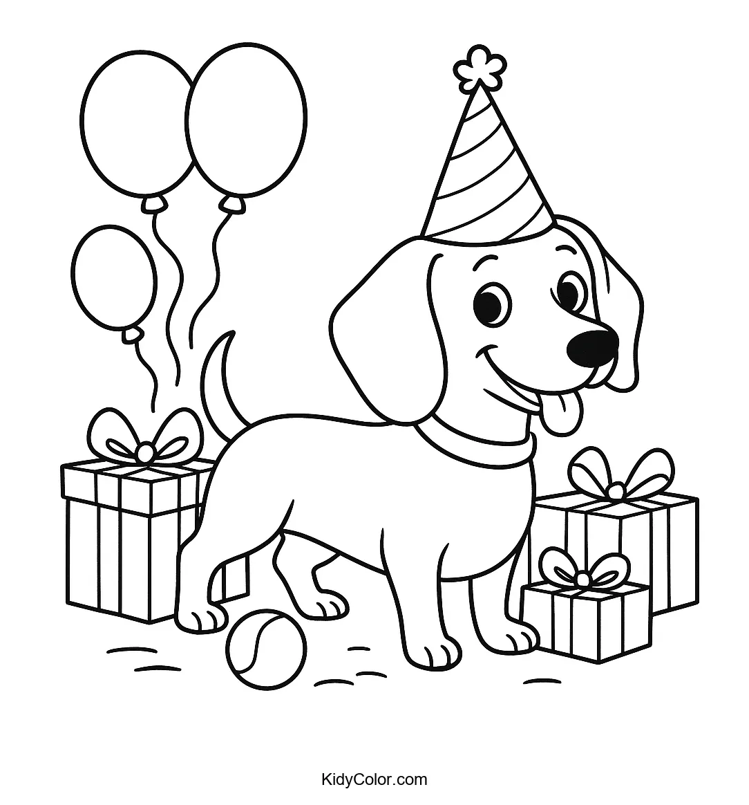 Dachshund celebrating birthday with balloons and presents