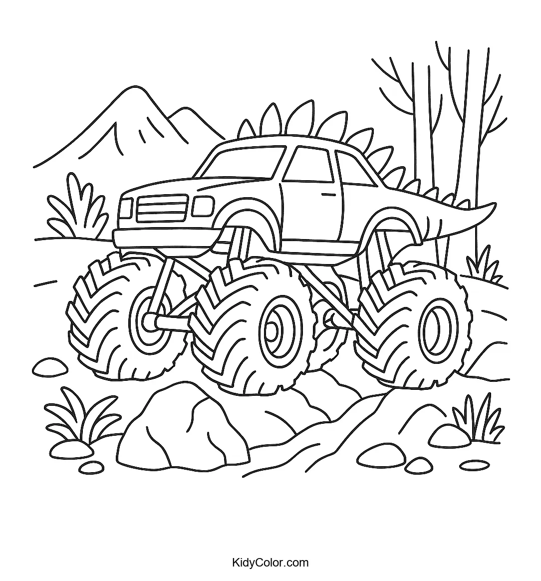 Dinosaur monster truck driving through an ancient terrain