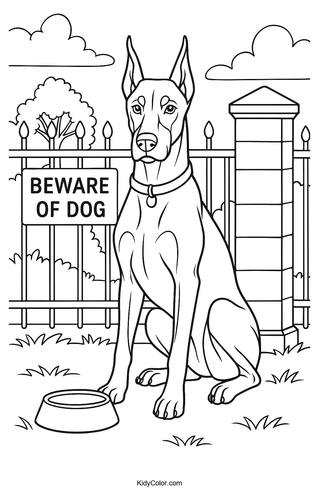 Doberman behind a gate coloring page