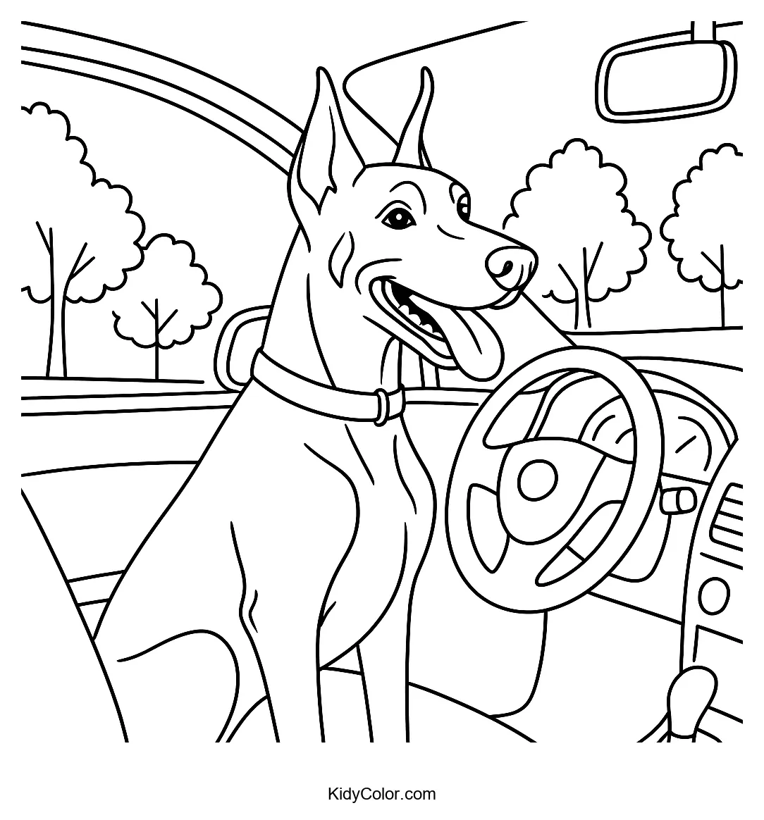Doberman looking through a car window coloring page