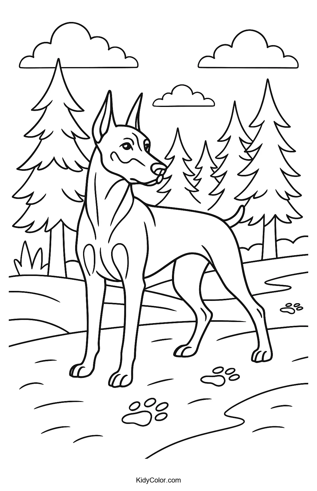 Coloring page of a Doberman in a snowy forest.