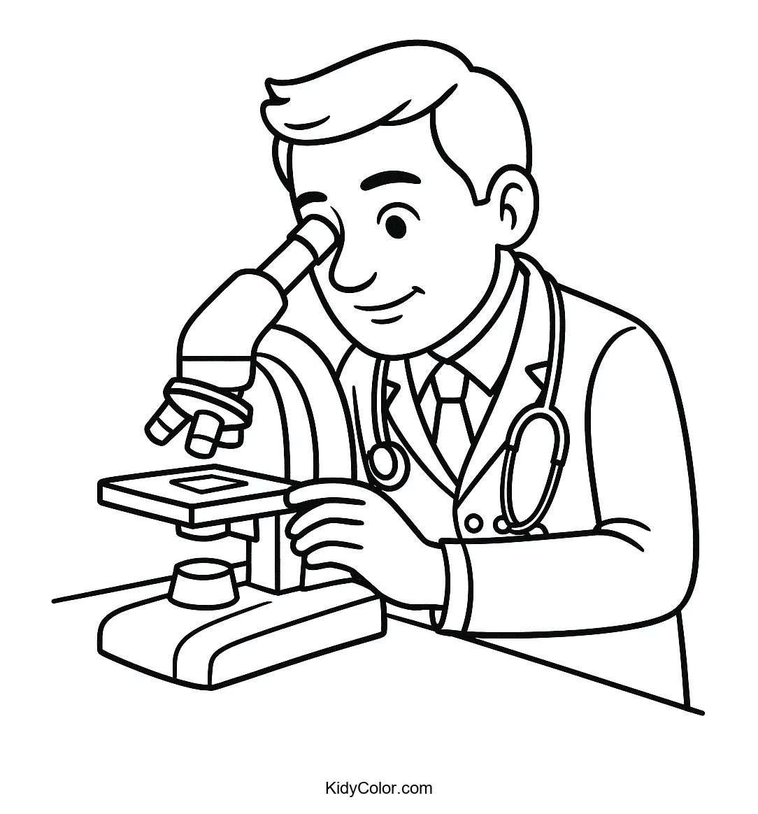 Doctor examining a specimen through a microscope in a coloring image.