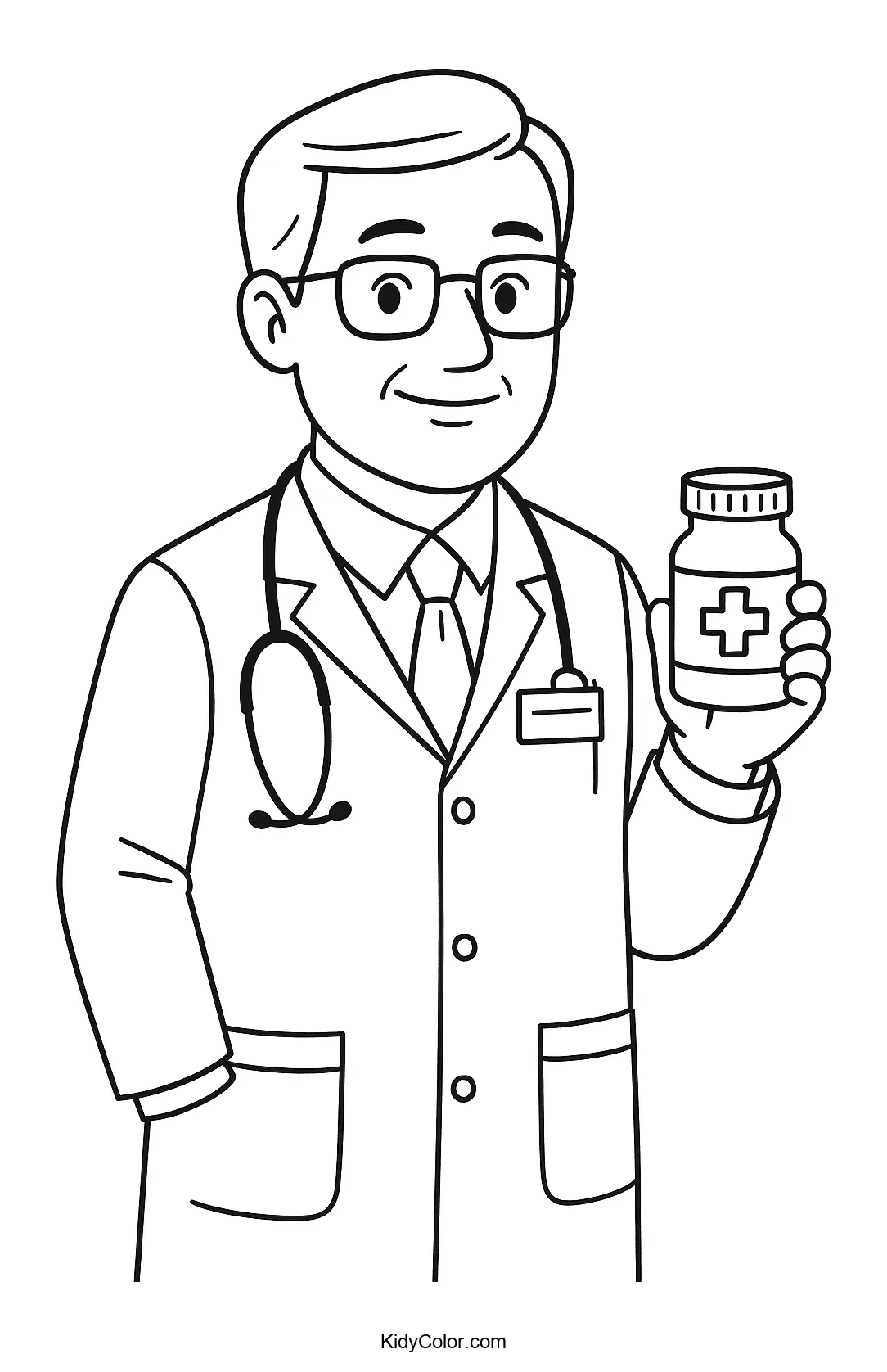 Line art of a doctor holding a medicine bottle