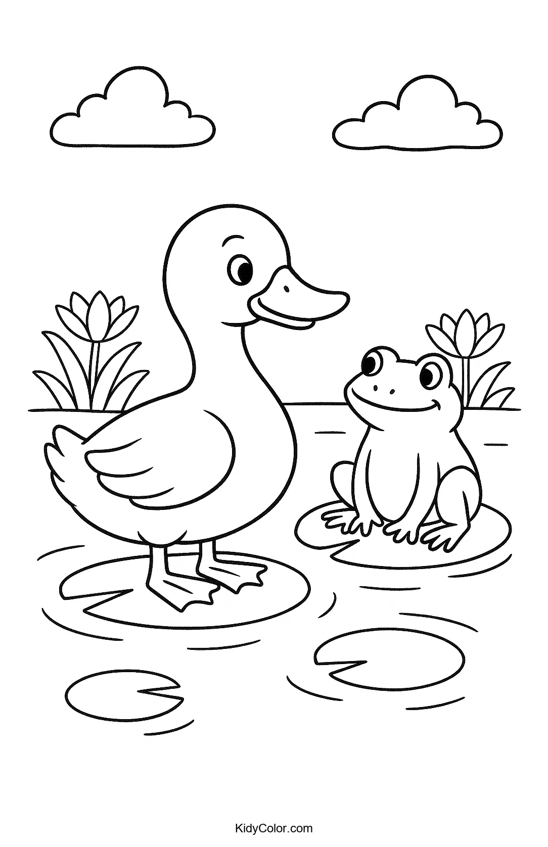 Duck and frog on lily pads