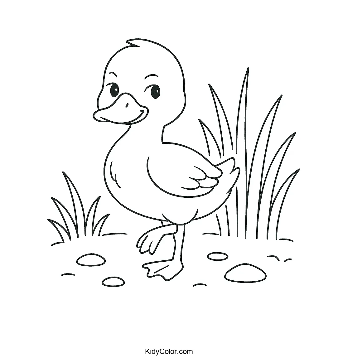 Coloring page of a duck in a tranquil nature setting.