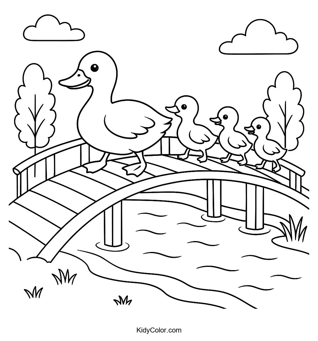 Coloring page of ducks crossing a wooden bridge.