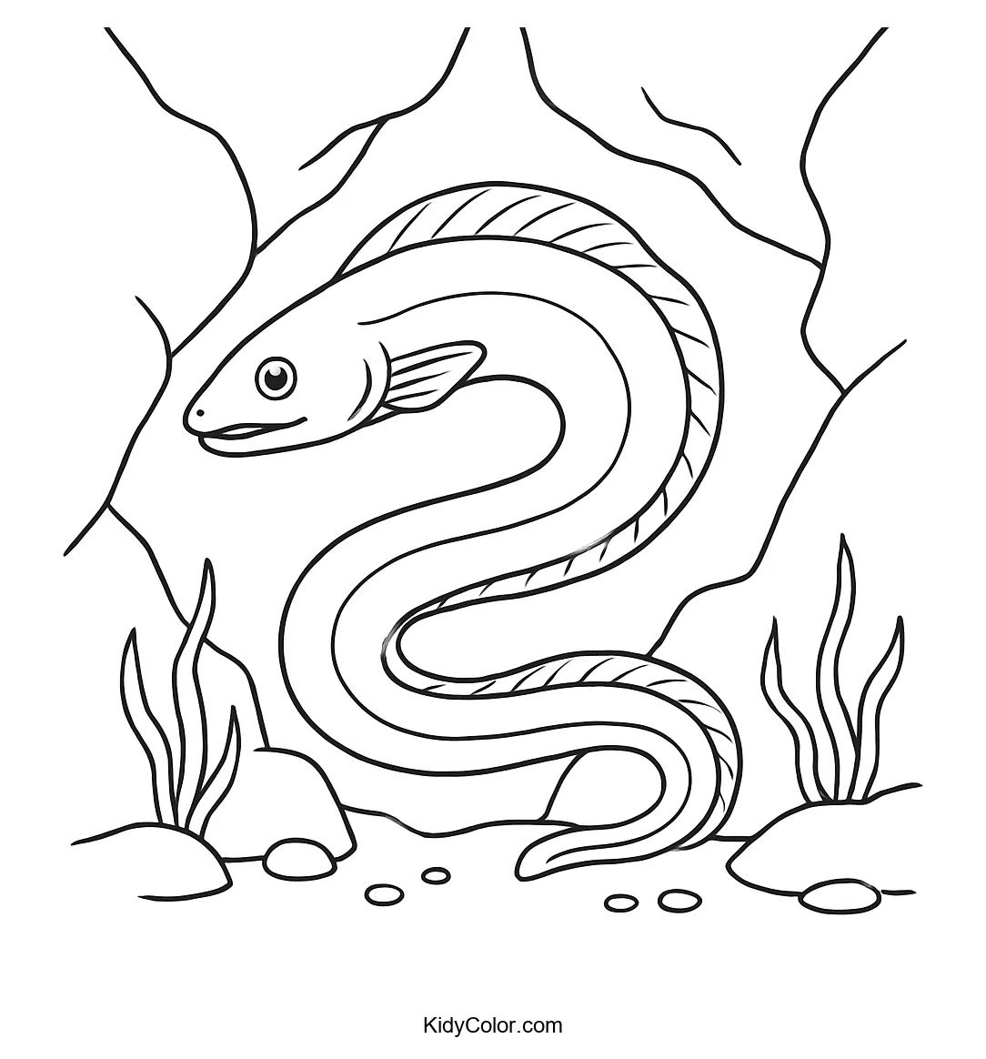 Eel swimming in an underwater rockscape