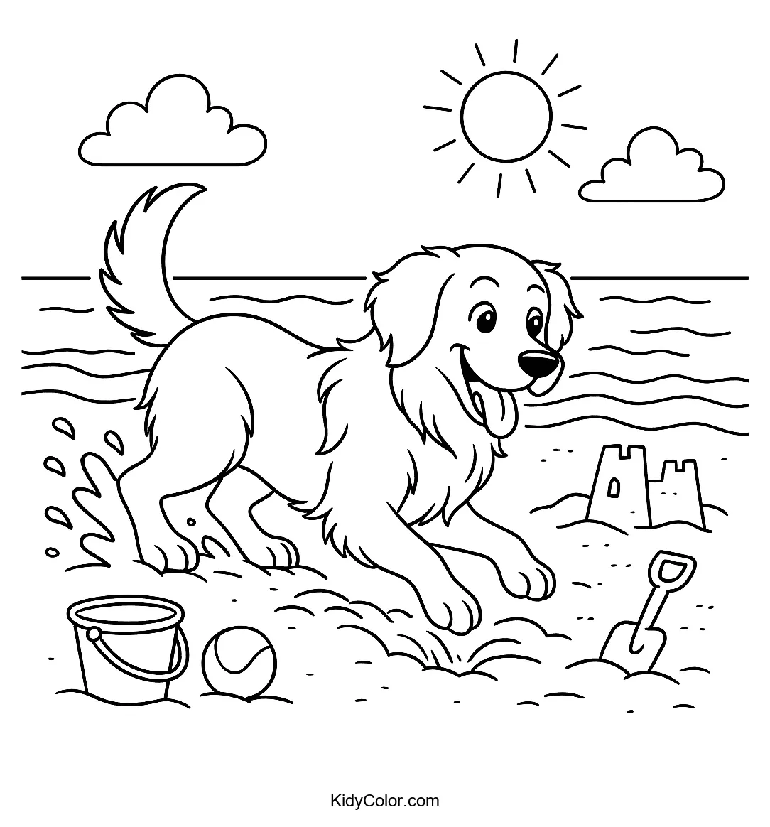 A playful dog running on a beach.