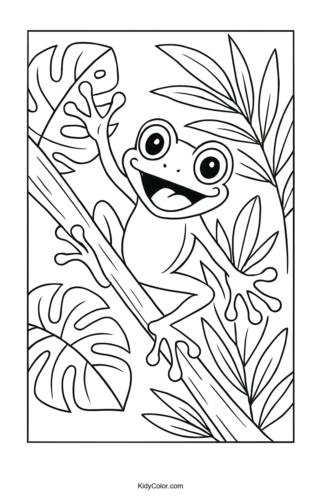 Energetic tree frog on a branch coloring page