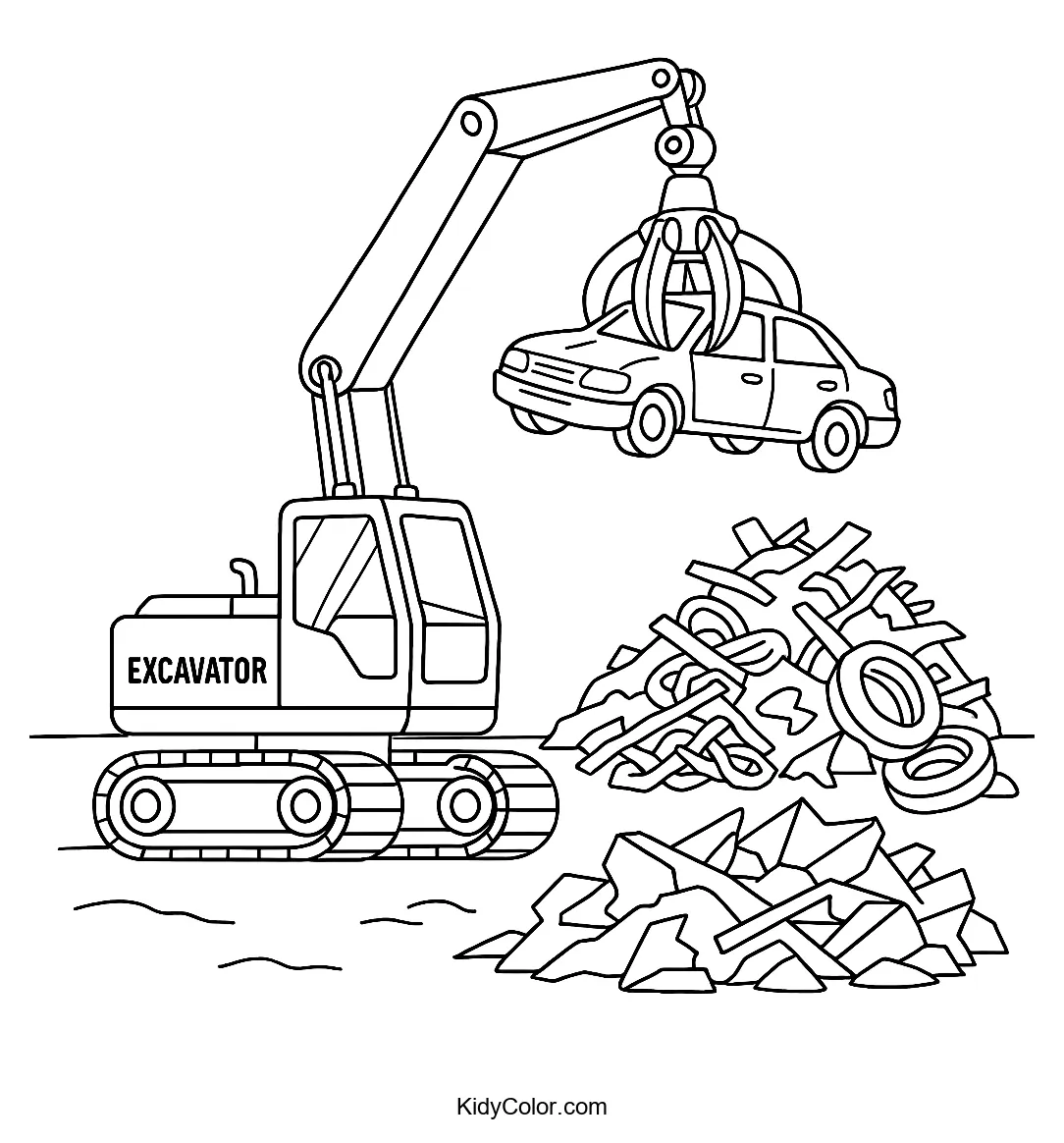 Excavator lifting scrap in a yard