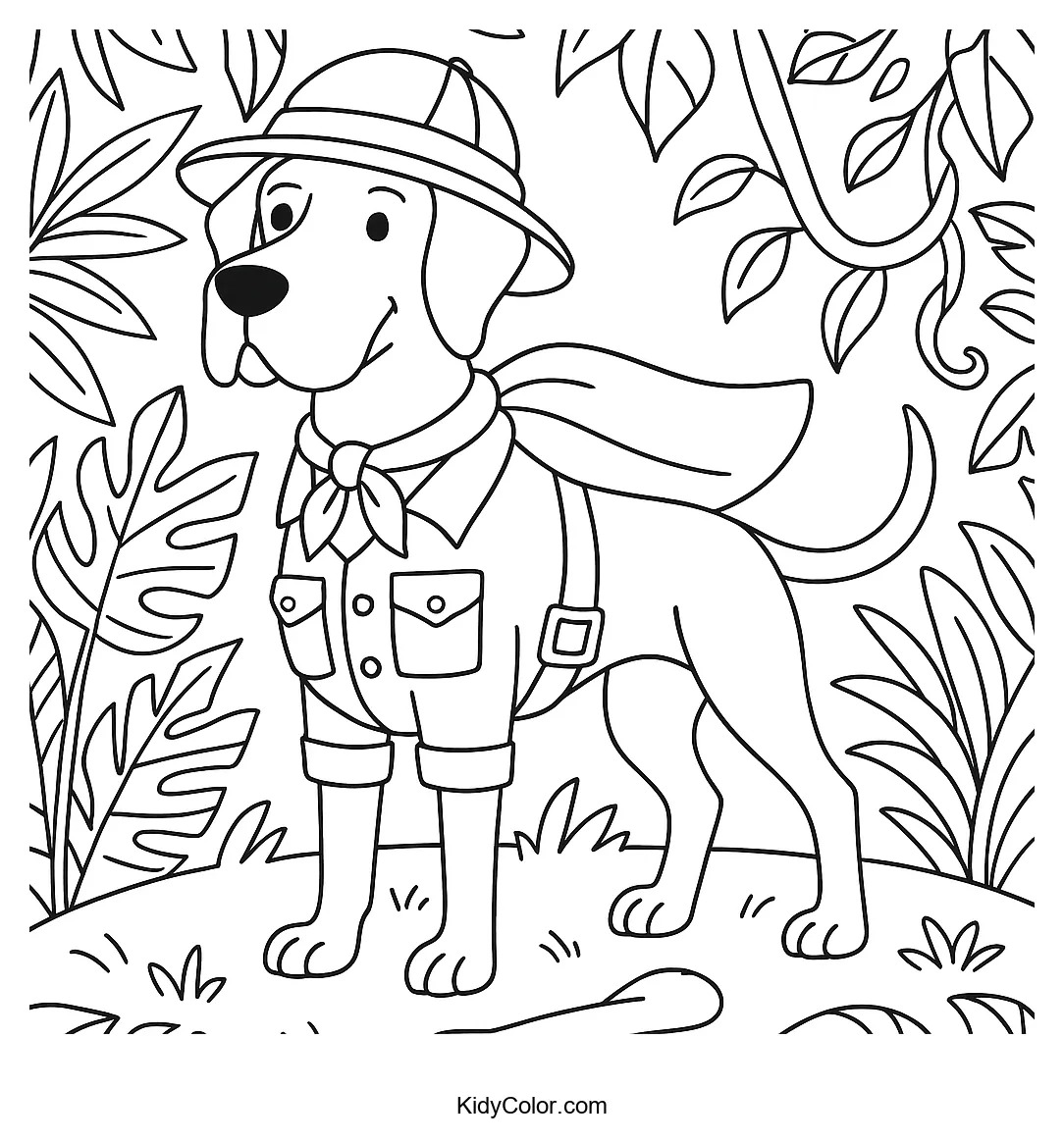 Explorer Dane in a tropical jungle coloring page