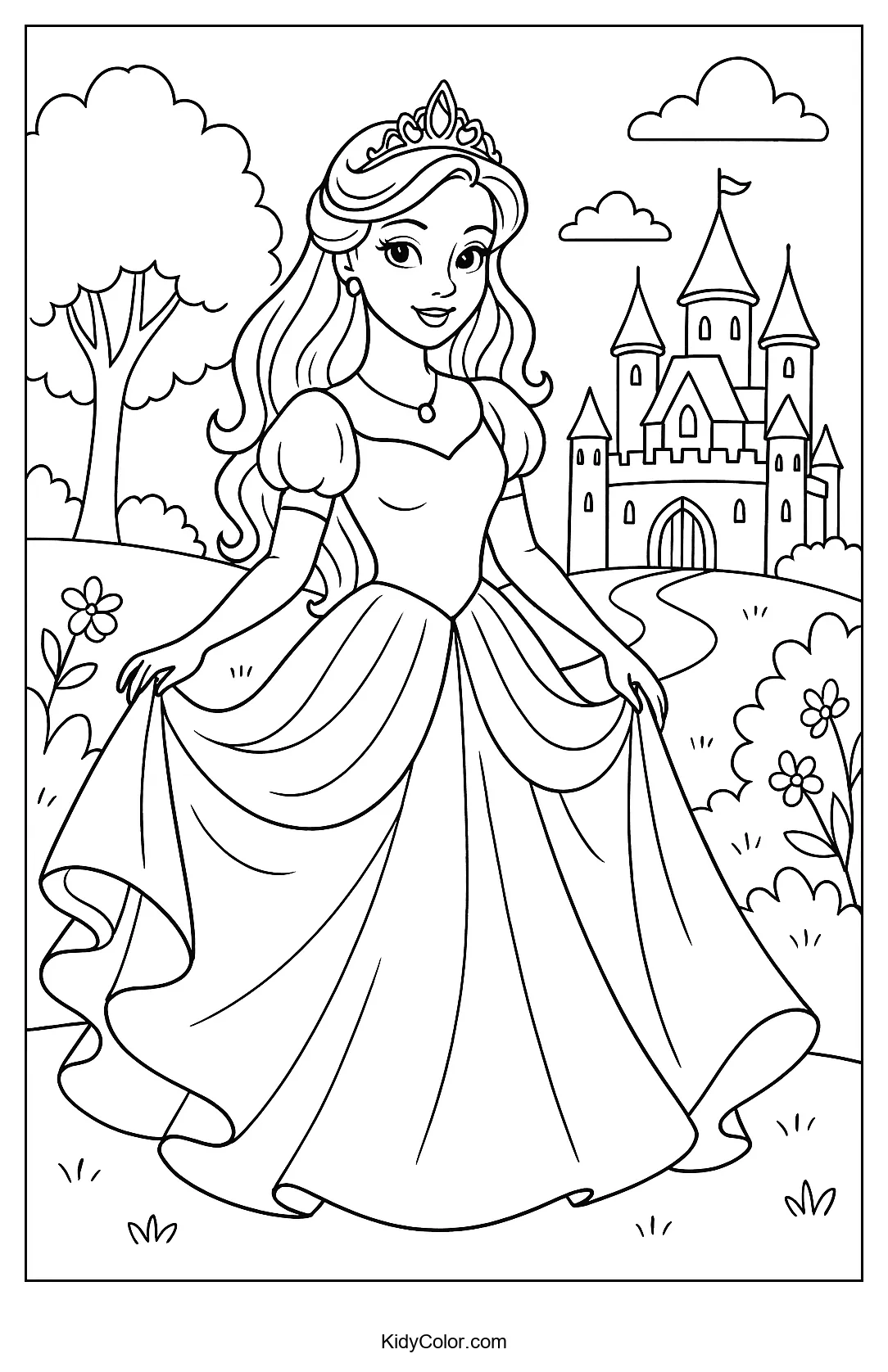 Princess standing in front of a castle coloring page.