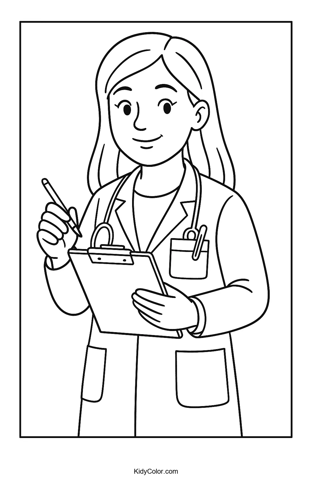 Coloring page of a female doctor with clipboard and stethoscope