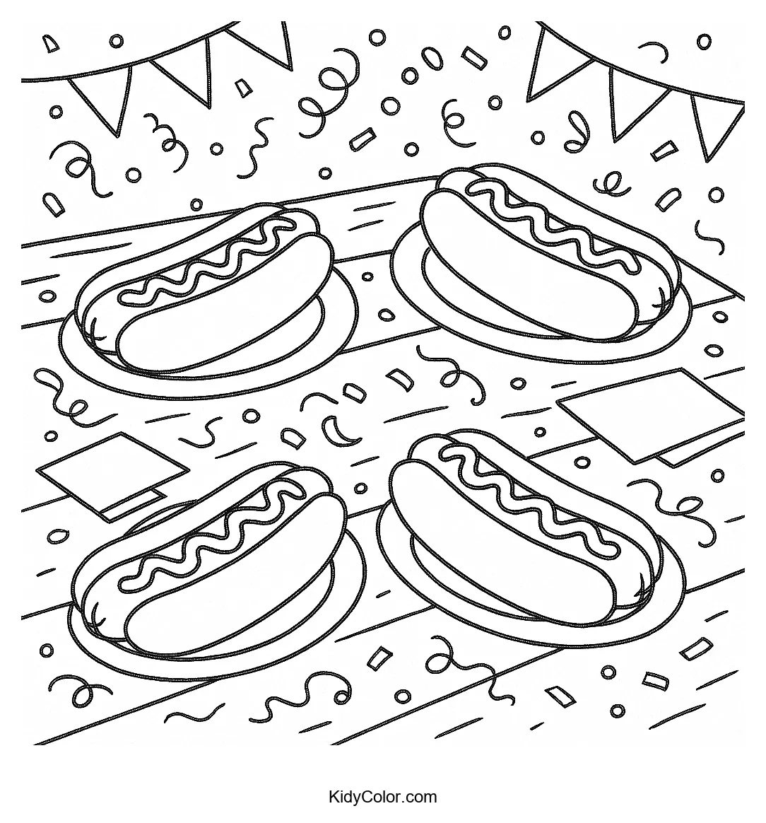 Coloring page of festive hot dogs on a wooden table
