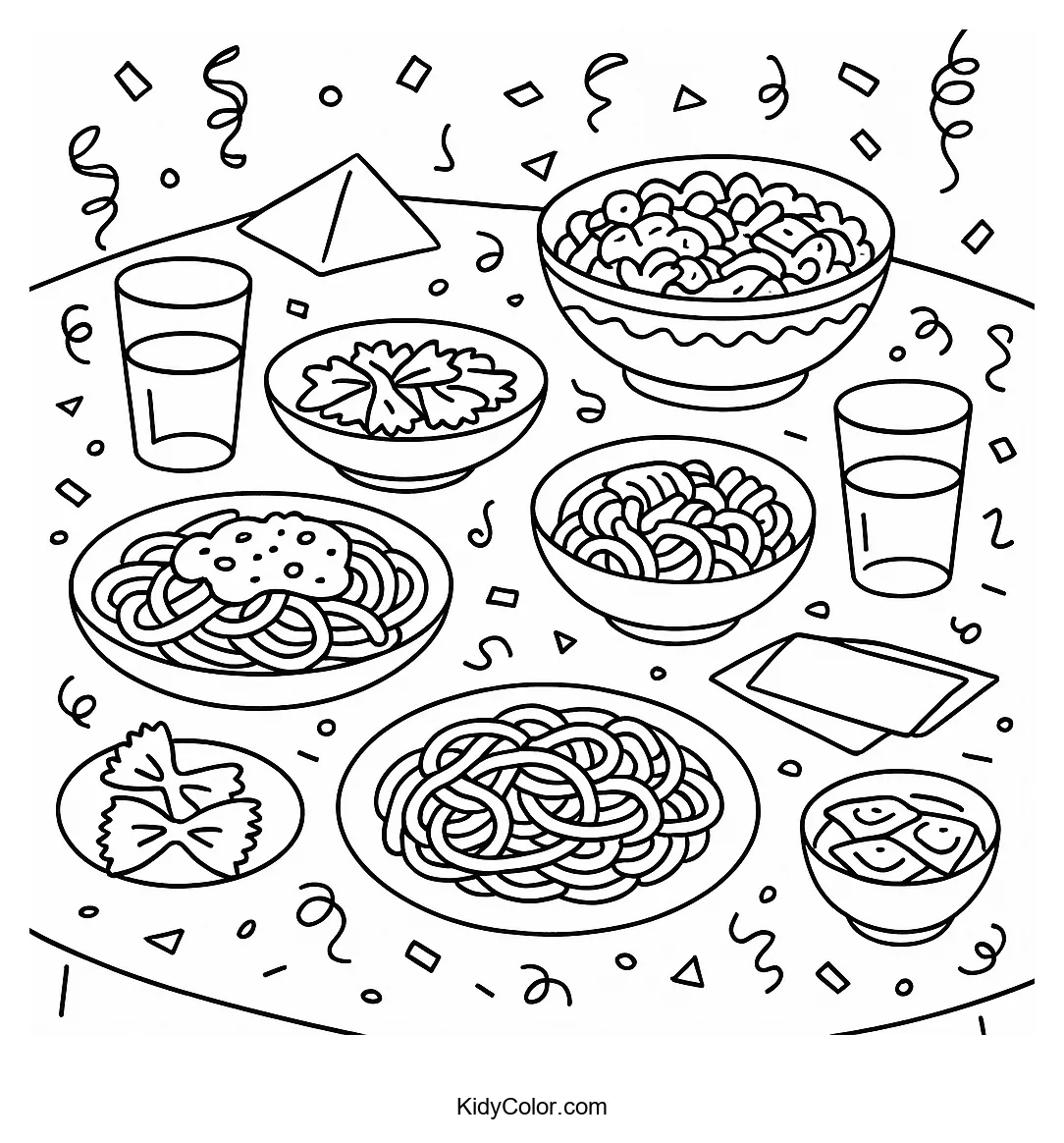 Coloring page of a festive pasta feast table setting.