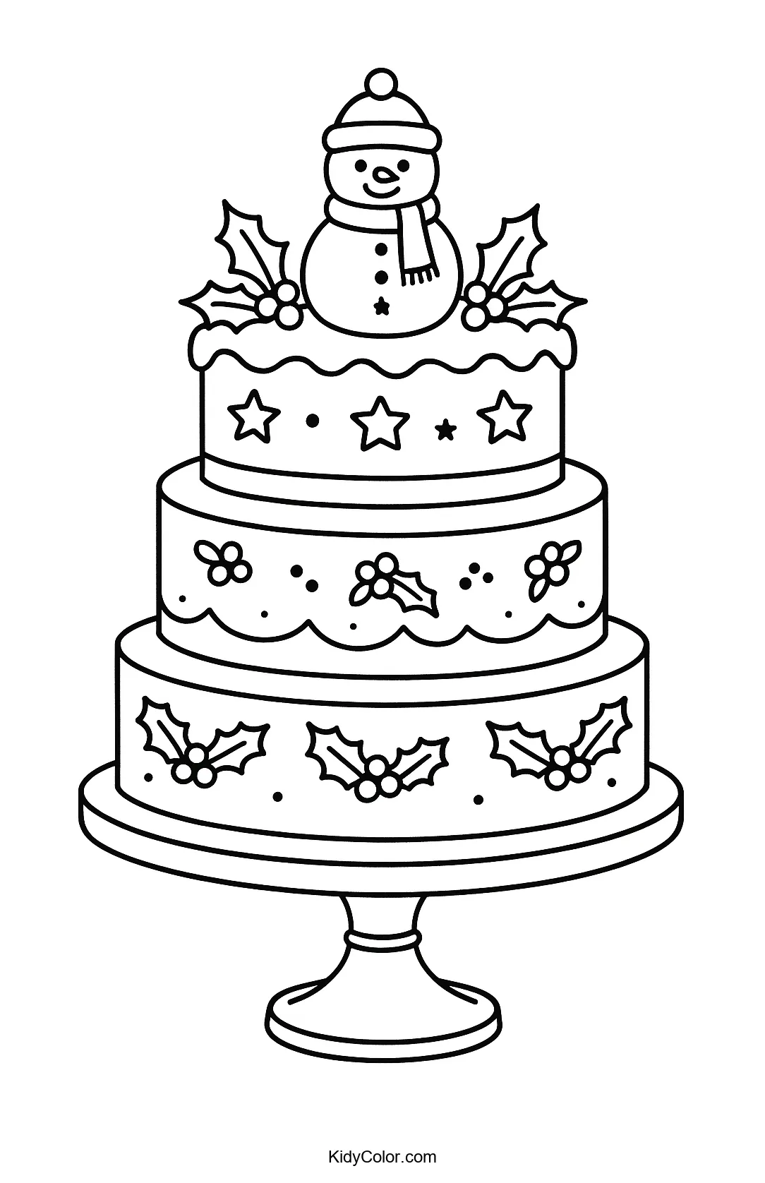 Snowman-themed cake coloring page
