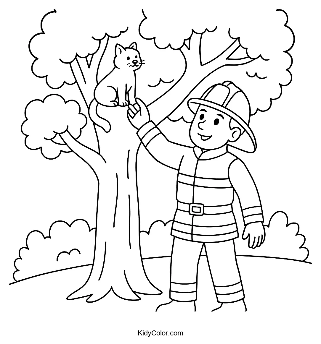 Firefighter rescuing cat from tree