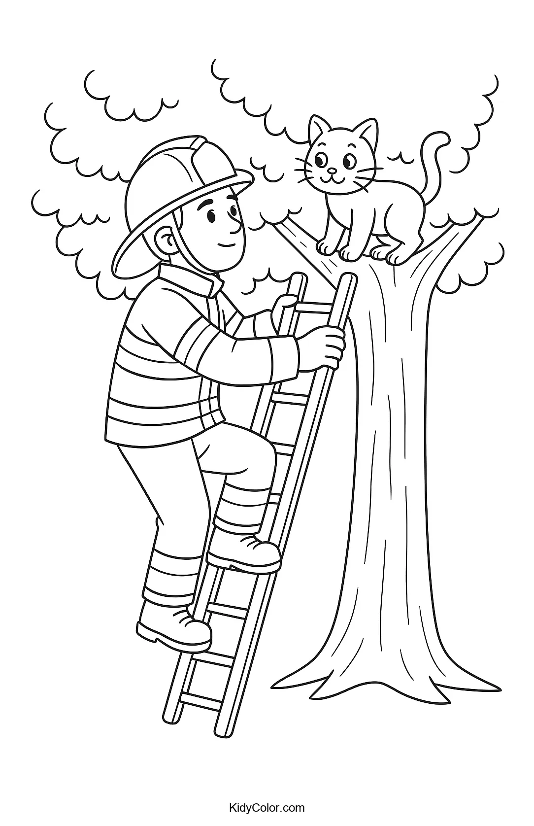 Firefighter rescuing a cat from a tree