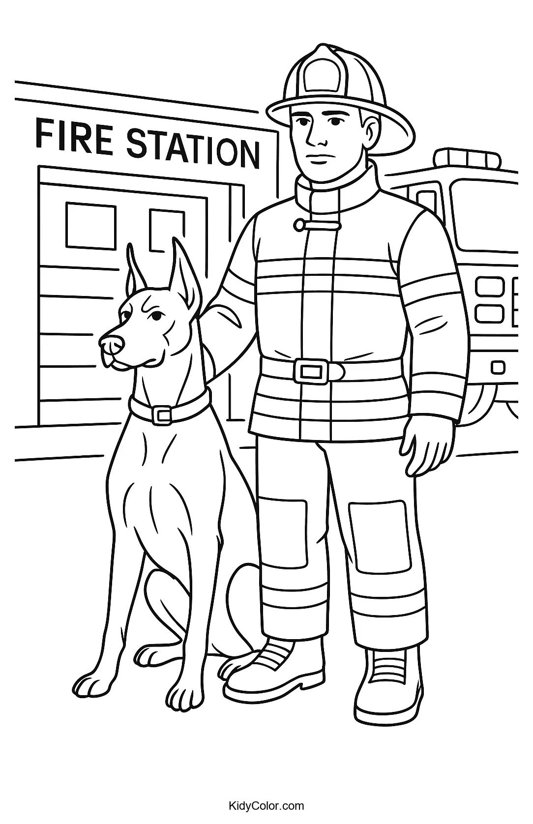 Firefighter with a Dalmatian at a fire station