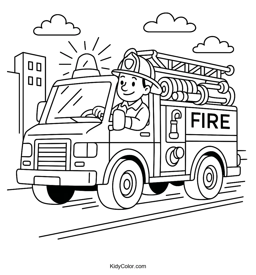 Firefighter on duty in action coloring page