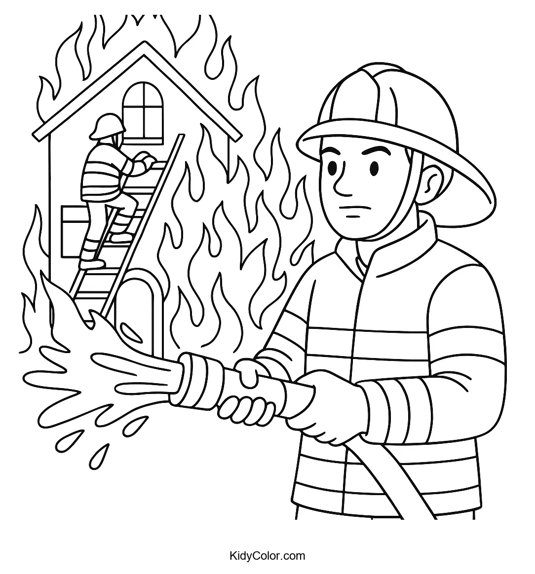 Firefighters saving a burning house coloring page