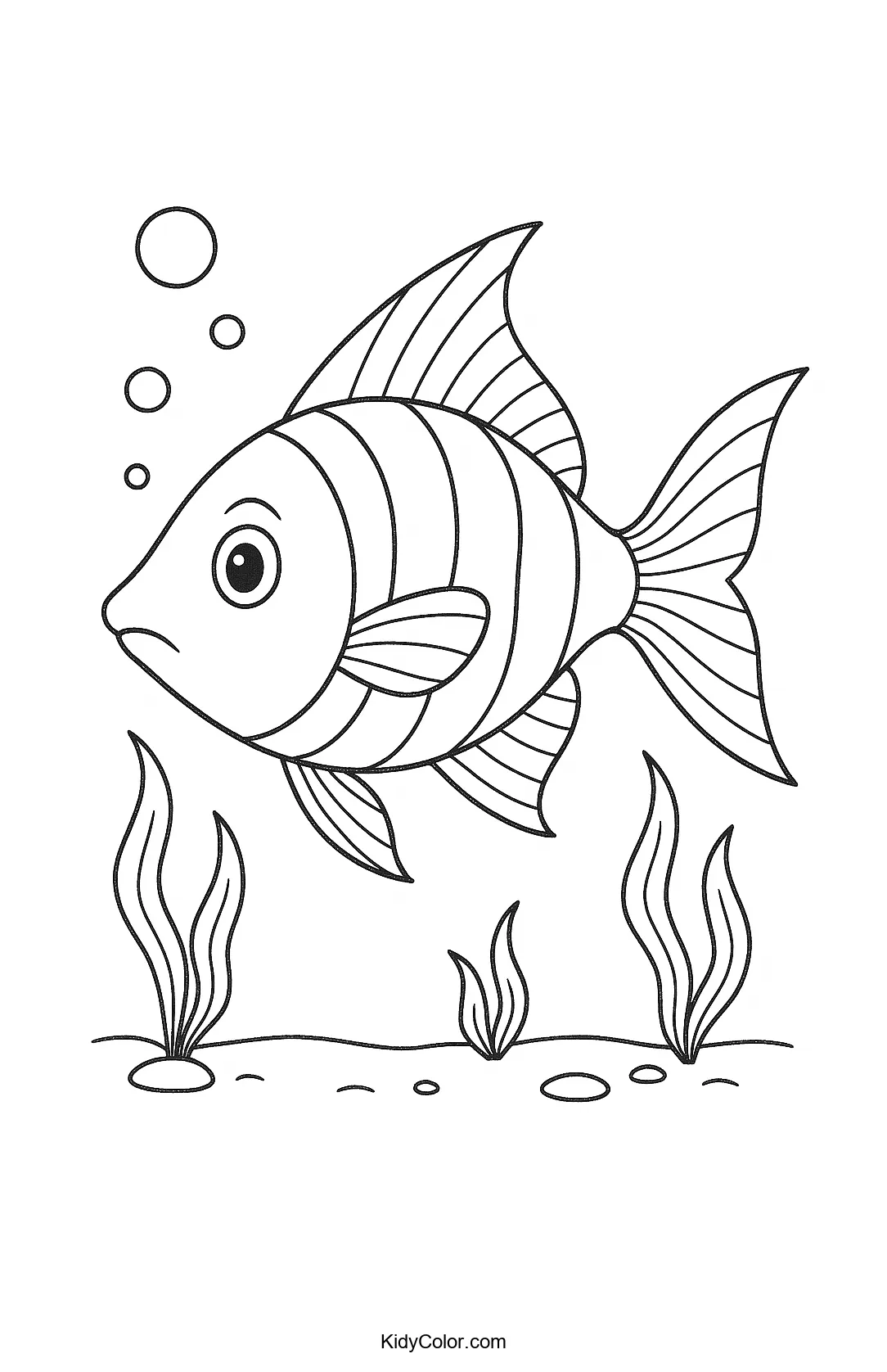 Coloring page of a fish in an underwater landscape