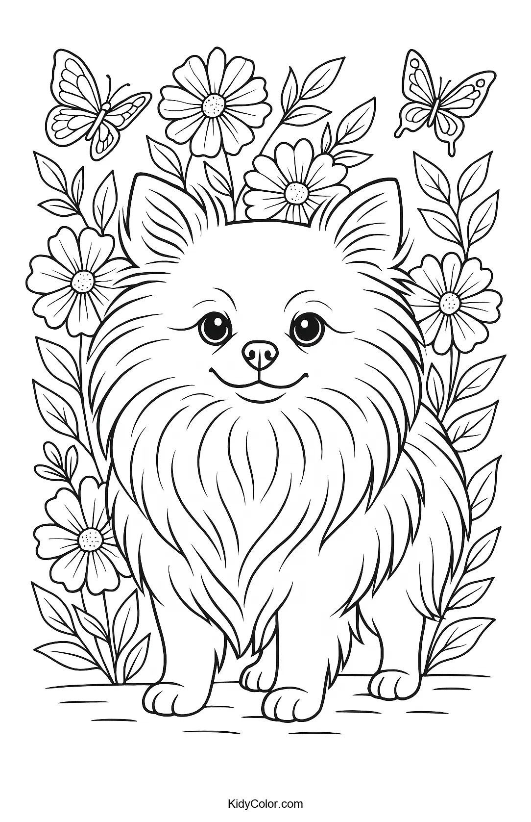 Fluffy Pomeranian in a blossoming garden coloring page