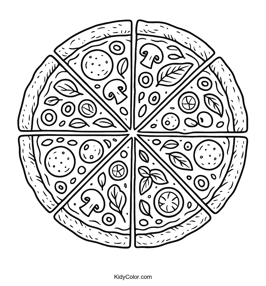 Coloring page of a freshly baked pizza with various toppings.