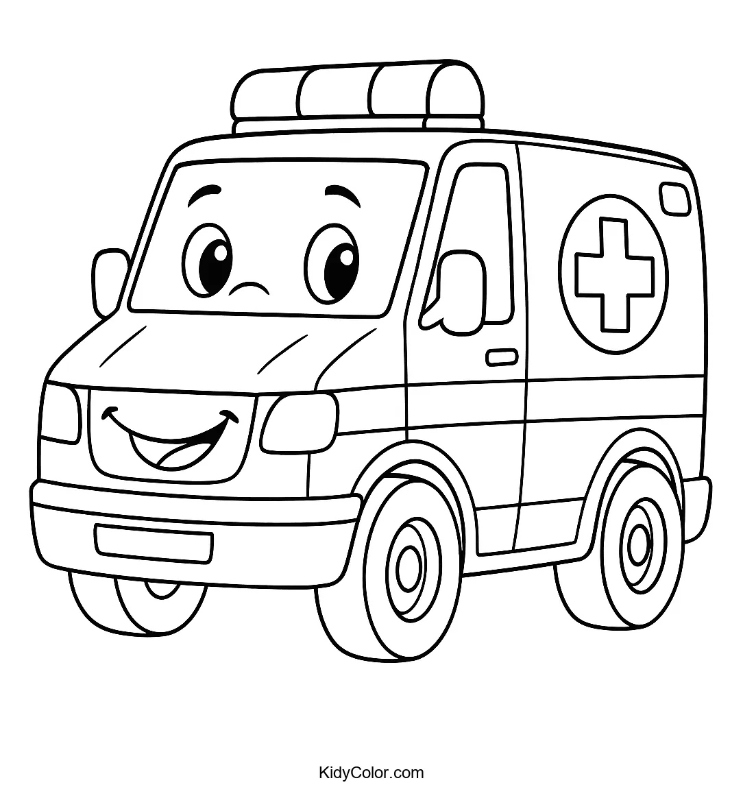 Friendly cartoon ambulance drawing for coloring.