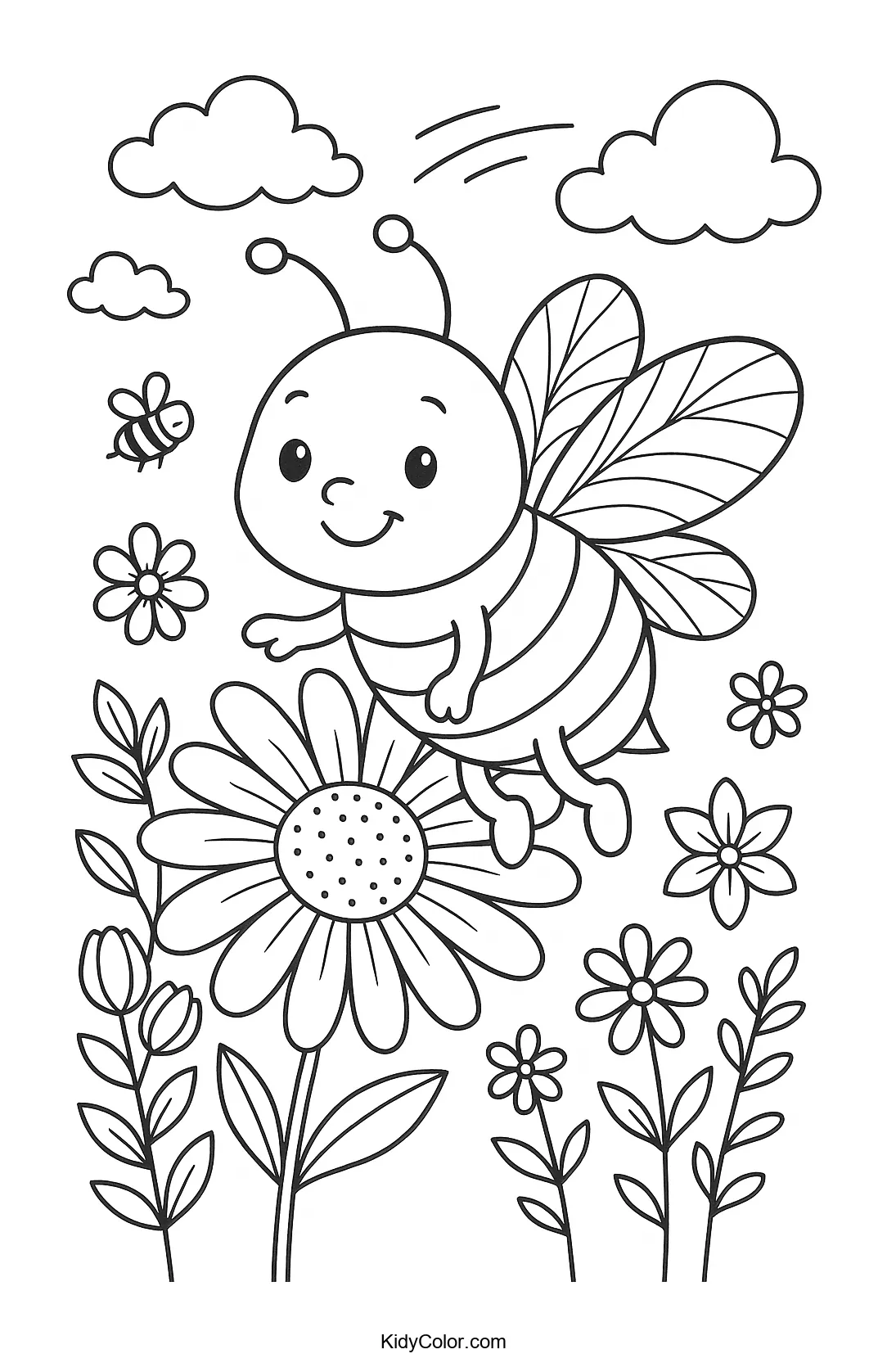 A cartoon bee sitting on a flower blossom