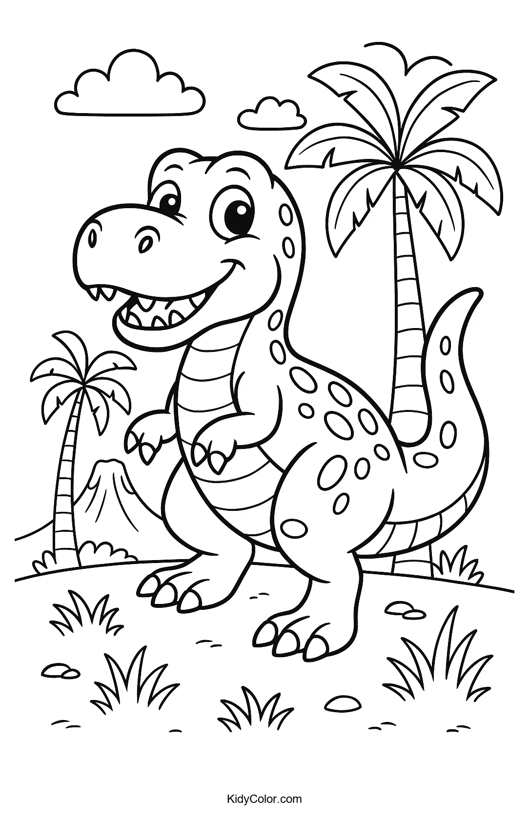 Friendly dinosaur in a colorful prehistoric landscape