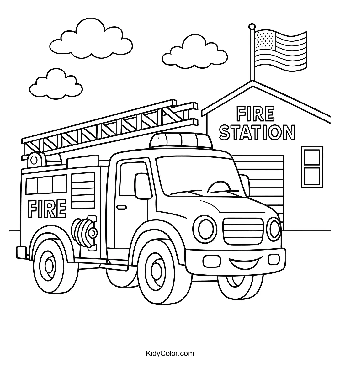 Friendly fire truck at a station