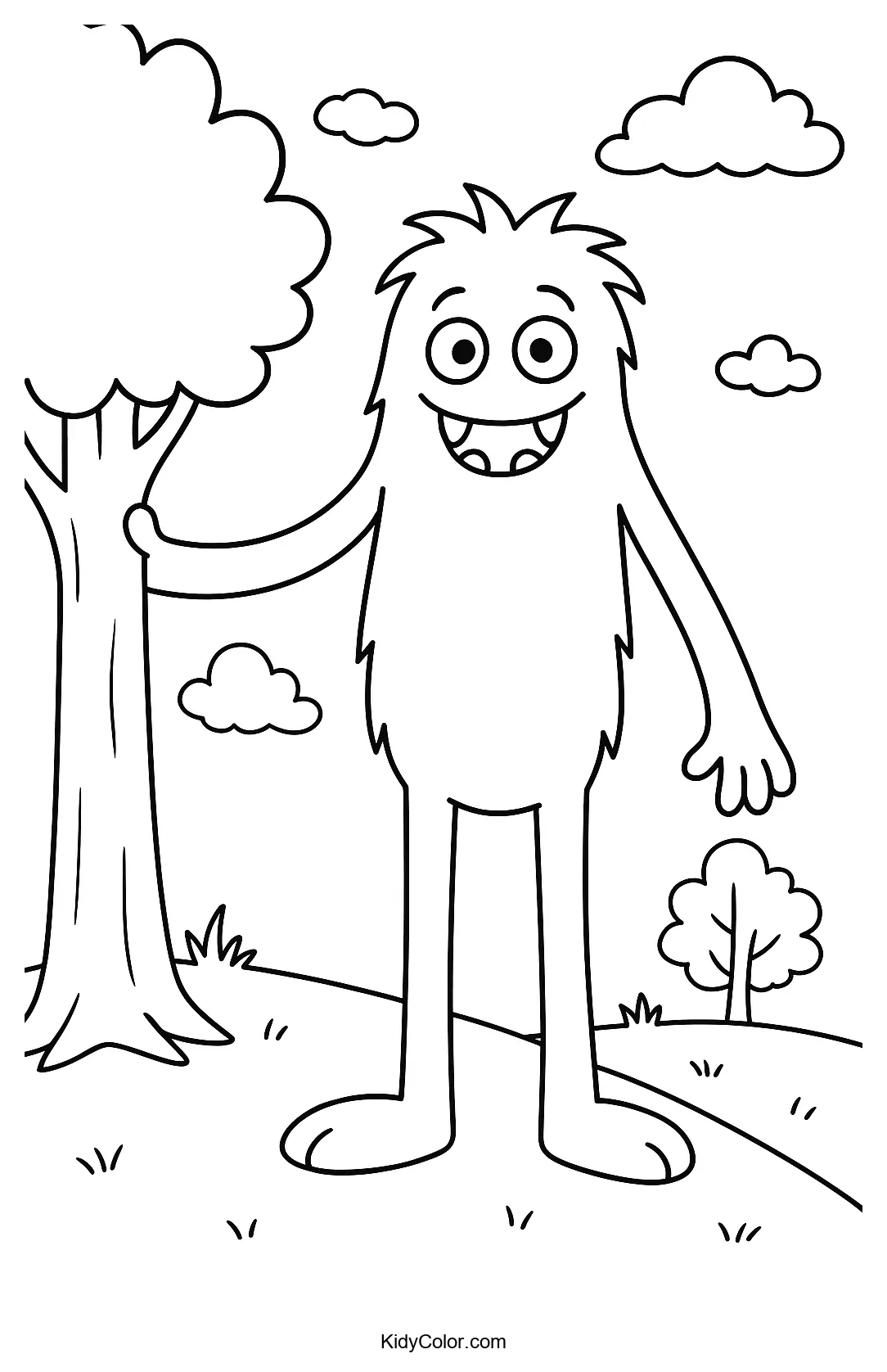 Cute monster with a tree scene for coloring