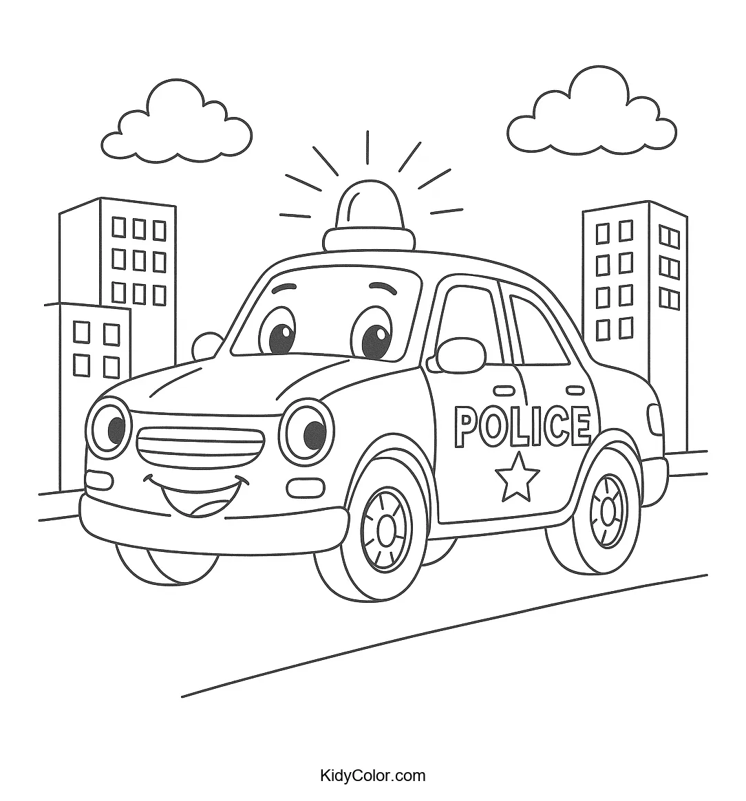 Friendly police car driving on a city street