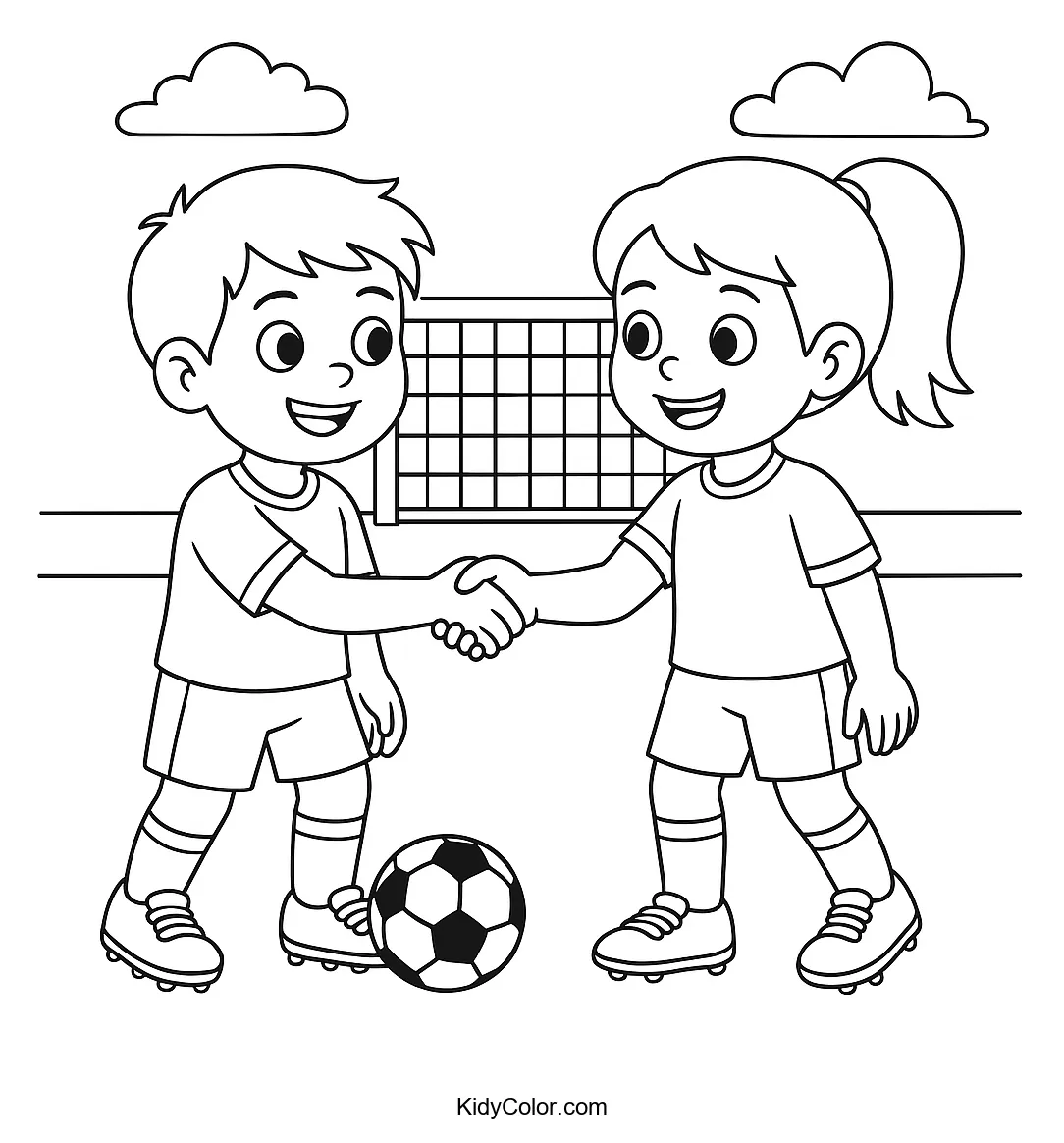 Two kids shaking hands on a soccer field