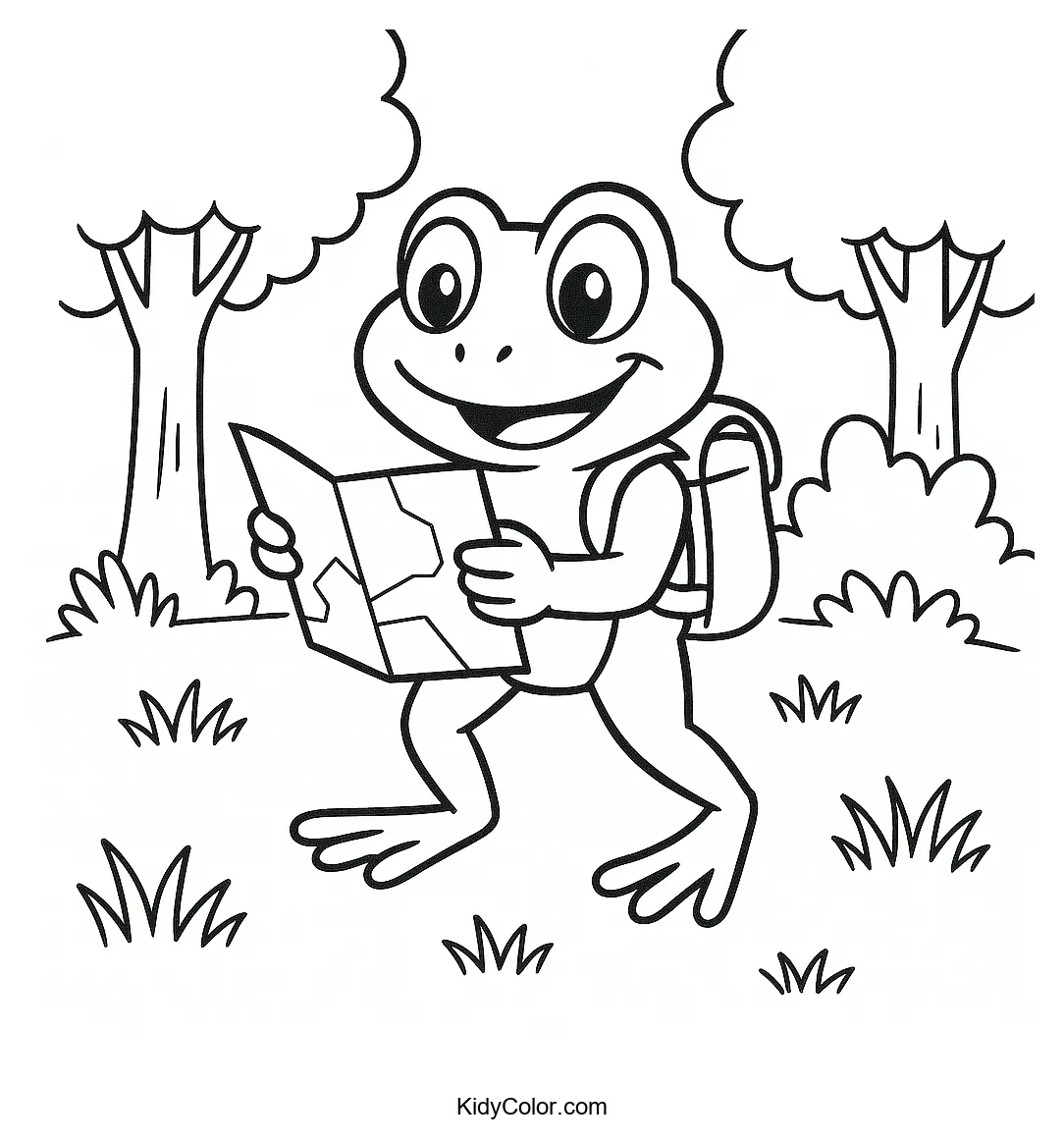 Frog adventurer in a forest with trees and a backpack