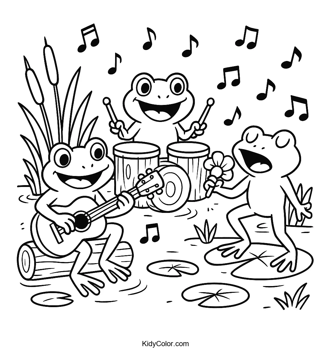 Frogs playing music in a swamp.