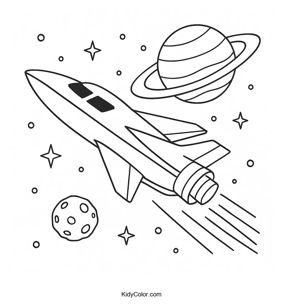 Futuristic spaceship with a ringed planet in space